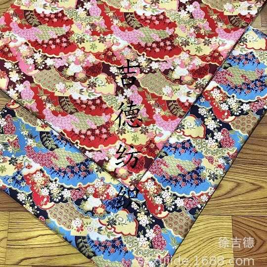 新款直销日式和风烫金棉布 （花朵海浪）和风印花棉布旗袍汉服布 - 图0