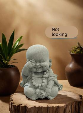 蓝砂岩创意三祇小和尚茶宠物饰品可以养禅宗佛像盆景鱼缸景观饰品