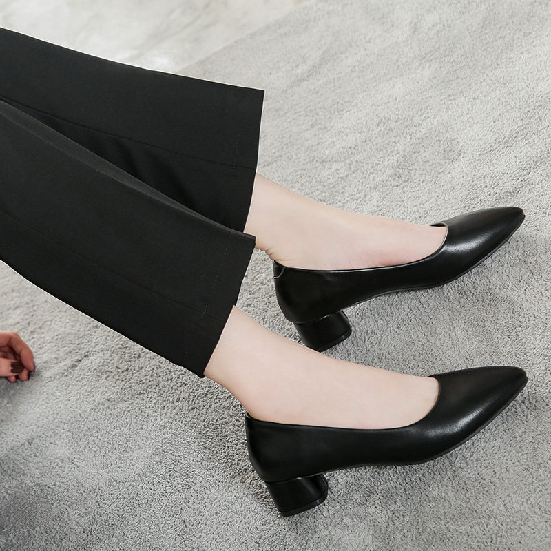 工作鞋女黑色春季粗跟中跟平底防滑软底空姐皮鞋尖头职业上班单鞋,淘宝优惠券,粉丝福利购,淘宝优惠卷