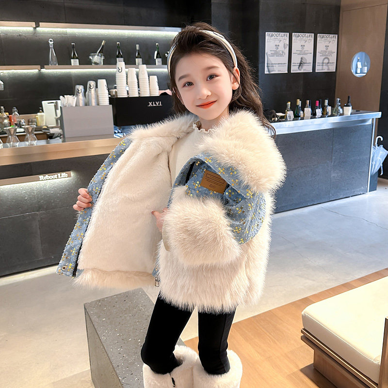 女童仿皮草加绒加厚牛仔外套秋冬款2025新款洋气棉服冬装韩版棉衣,淘宝优惠券,粉丝福利购,淘宝优惠卷