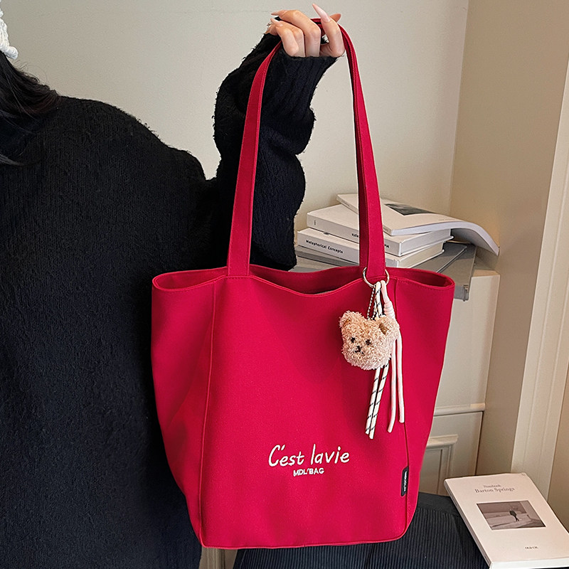 大容量红色帆布包包女2025新款韩系ins单肩托特包学生上课通勤包,淘宝优惠券,粉丝福利购,淘宝优惠卷