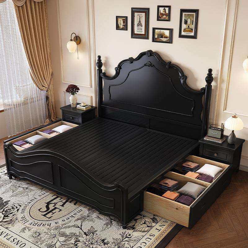 中古风法式复古实木床现代简约主卧黑色美式公主床高箱储物婚床,淘宝优惠券,粉丝福利购,淘宝优惠卷