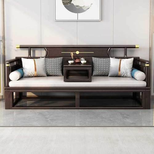 新中式实木罗汉床沙发床现代简约禅意小户型客厅伸缩推拉床塌炕几 - 图1