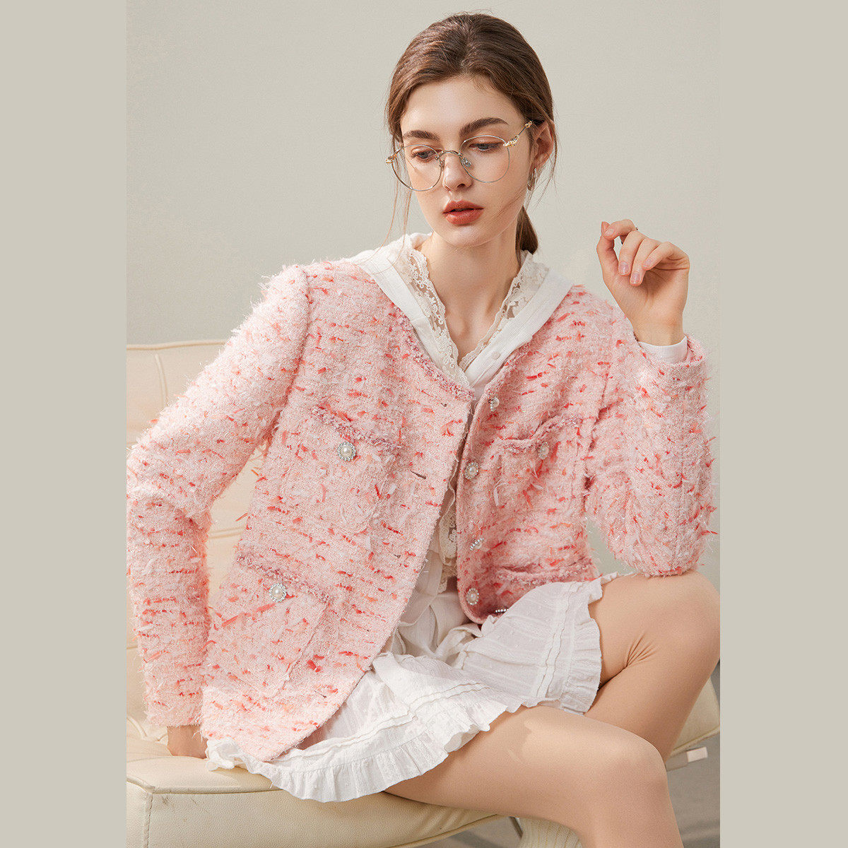 白鹿语小香名媛风上衣开衫26春新款圆领撞色织带长袖甜美短外套女,淘宝优惠券,粉丝福利购,淘宝优惠卷