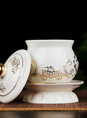 热销佛堂供具浮雕彩绘果盘 白色浮雕水杯碗 浮雕莲花香炉 观音甘