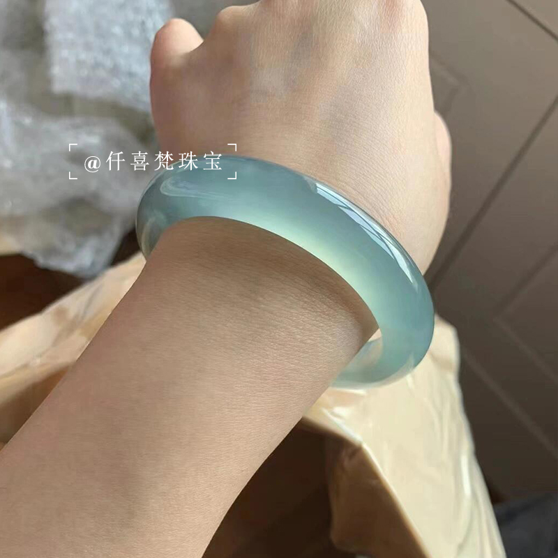 仟喜梵“花影和诗”缅甸冰种翡翠玉手镯子女款冰透蓝水真玉镯处理