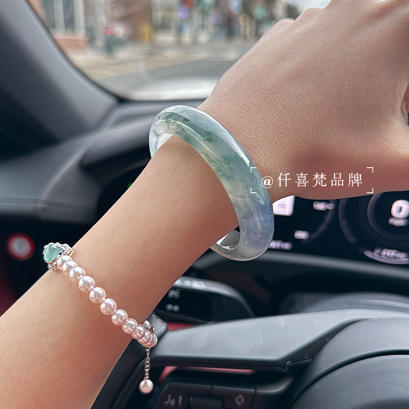 仟喜梵“羽化成诗”缅甸冰种翡翠玉手镯子女款蓝水飘花真玉镯处理