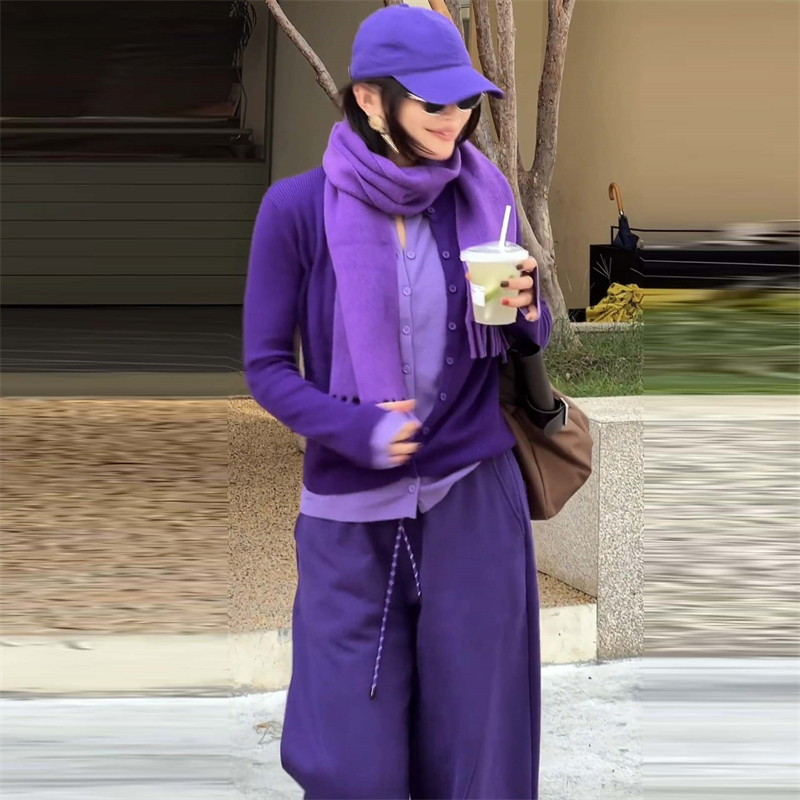 欧货时髦精穿搭套装轻熟紫色拼接假两件针织衫高腰阔腿裤子两件套 - 图1