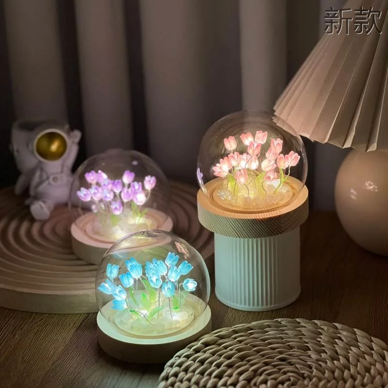 郁金香玻璃小夜灯网红手工D制作IY材料 桌面氛围灯摆件妇女节新款