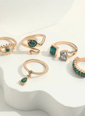 欧美跨境新款关节戒指 个性复古仿宝石镶钻蛇形水滴吊坠戒指5