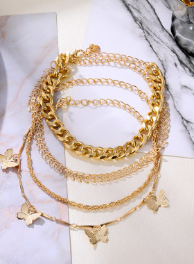 慕尚欧美蝴蝶多层手链脚链套装女4件套 复古小众设计手饰手链