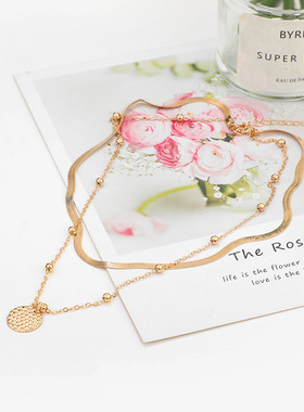 简约冷淡风锤纹吊坠珠珠链项链小众设计毛衣链蛇链双层吊坠项链