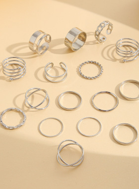 2023shein热销创意简约气质女士首饰几何扭曲戒指套装16件套