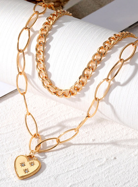 慕尚欧美跨境新款爱心吊坠项链女 甜酷嘻哈风双层锁骨链项饰