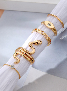 跨境小众轻奢风方形紫钻水滴戒指5件套 个性百搭蛇形开口戒指套装