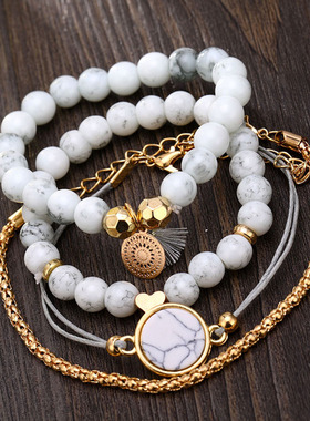 慕尚跨境热销多层手链女 欧美松石圆石波西米亚风爱心手链四件套