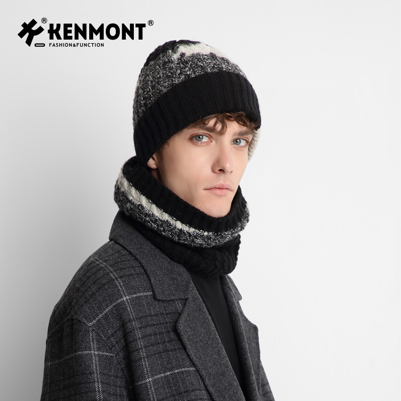 卡蒙冬季羊毛针织帽男加绒加厚内里防寒保暖护耳大头围毛线帽套装 - 图1