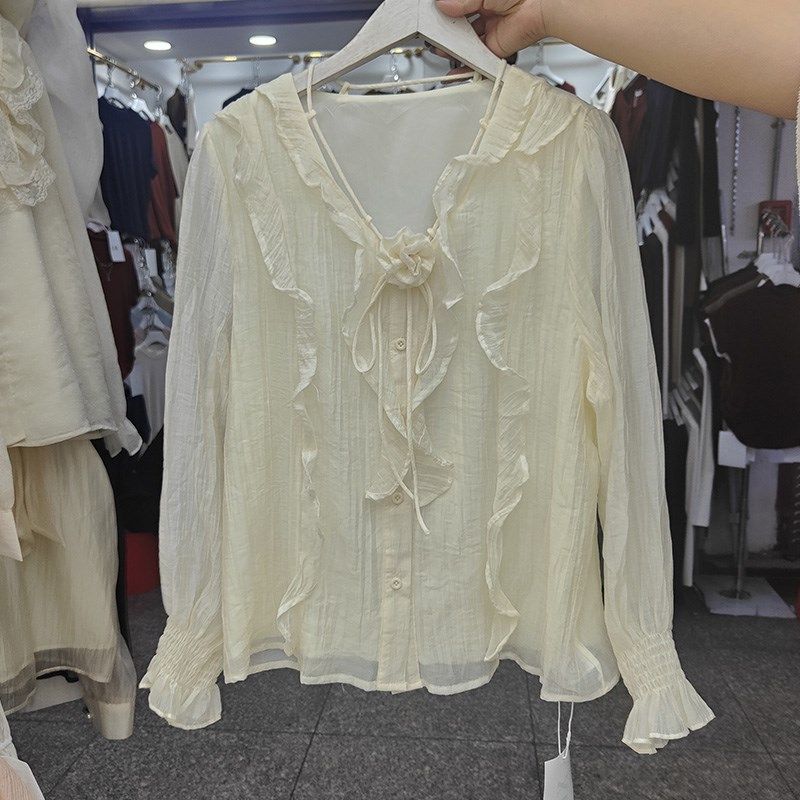 2024秋季新款法式V领荷叶边衬衫女喇叭袖长袖衬衣气质雪纺衫上衣,淘宝优惠券,粉丝福利购,淘宝优惠卷