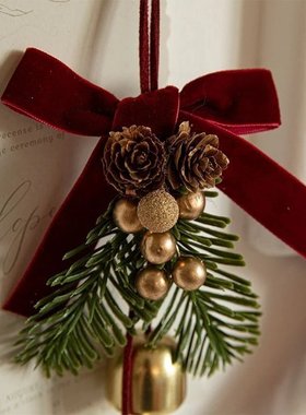 圣诞铃铛挂件红色丝绒蝴蝶结圣诞树松果场景布置用品车挂门装饰J