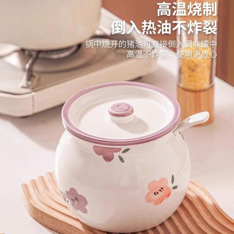 日式双耳陶瓷家用猪油罐带盖耐高温油泼辣子罐调料罐大容量釉下彩 - 图0