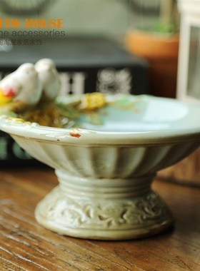 热销美式乡村 陶瓷釉面 浅蓝色对鸟花朵摆件 果盘肥皂摆件