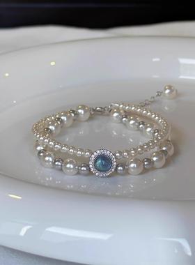 双层天然海蓝宝珍珠轻奢手链