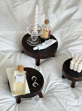 ins覆古小板凳高脚托盘迷你实木圆形花盆增高架首饰展示收纳摆件