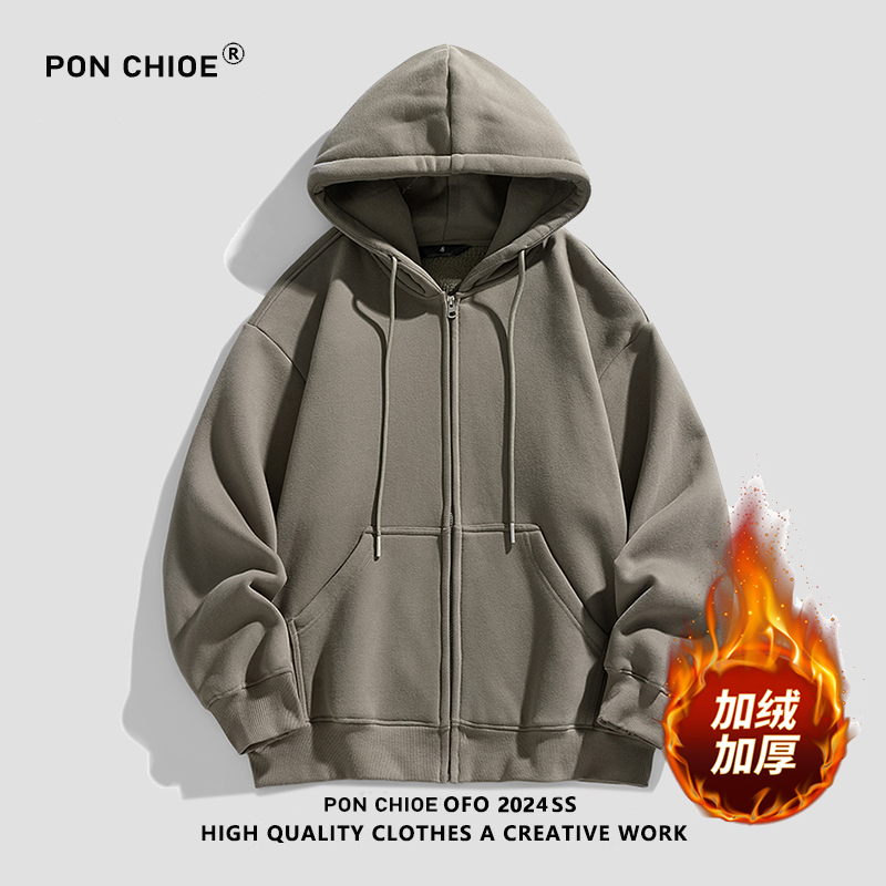 ponchioe美式复古连帽卫衣男秋季加绒宽松休闲情侣拉链开衫外套服
