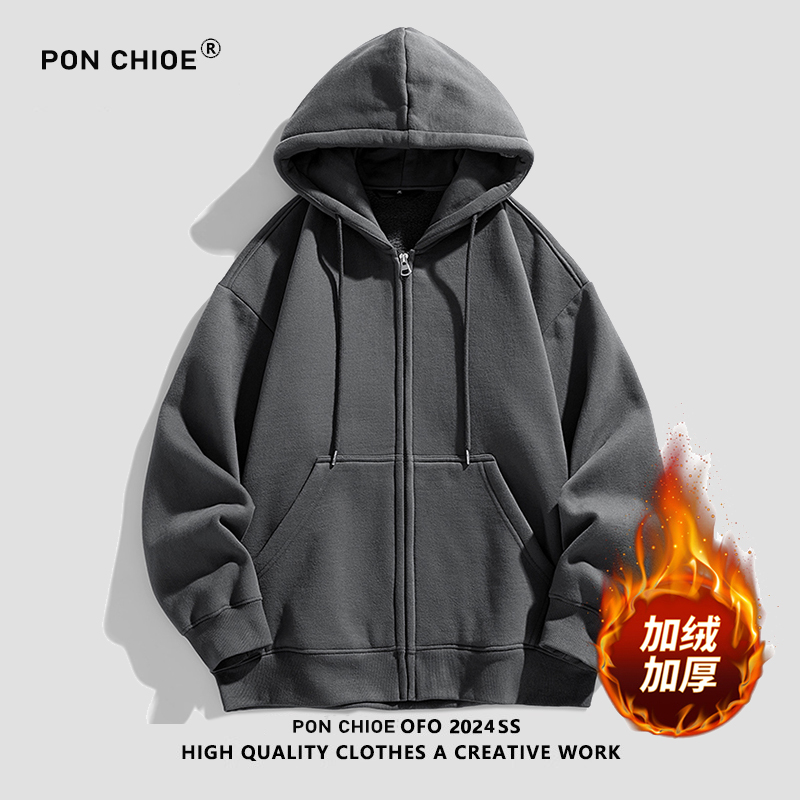 ponchioe美式复古连帽卫衣男秋季加绒宽松休闲情侣拉链开衫外套服