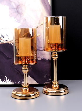 样板房间欧式浪漫烛台客厅餐桌金色金属玻璃摆设创意软装饰品摆件