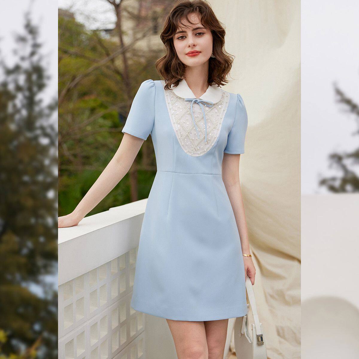 白鹿语设计感钉珠网纱2025夏季新款优雅减龄撞色翻领修身连衣裙