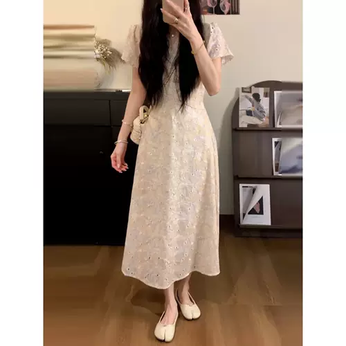 Платье, приталенная длинная юбка, осеннее, французский стиль, V-образный вырез, подходит для подростков