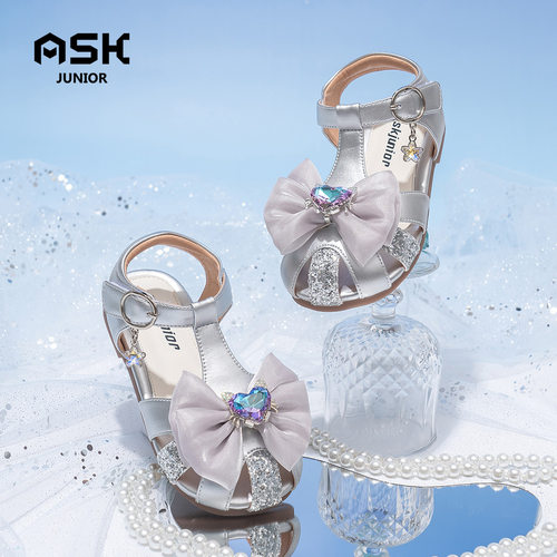 ASK Junior女童凉鞋2025夏季新款包头软底女单鞋水晶蝴蝶结公主鞋 - 图1