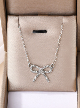 欧美外贸跨境饰品简约时尚蝴蝶结吊坠女士合金镶钻项链颈链毛衣