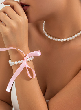 欧美跨境饰品 复古长款蝴蝶结锁骨链颈链 DIY系带丝绒珍珠项链女