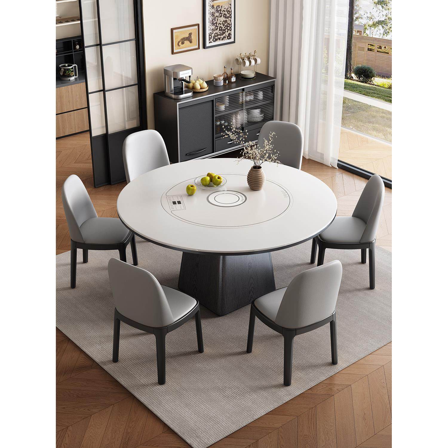 高端实木岩板餐桌椅组合家用小户型内嵌暖菜板圆形带电磁炉大圆桌,淘宝优惠券,粉丝福利购,淘宝优惠卷