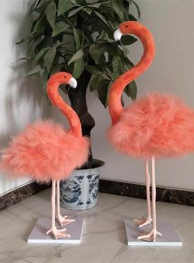 新款仿真粉色真羽毛火烈鸟网红家居摆件橱窗装饰婚庆道具动物模型