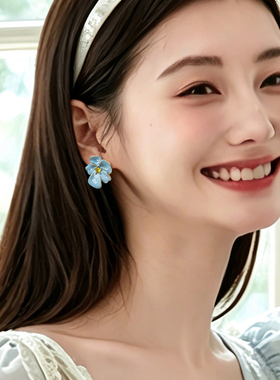 【雅影】蓝色滴釉花朵合金耳钉女