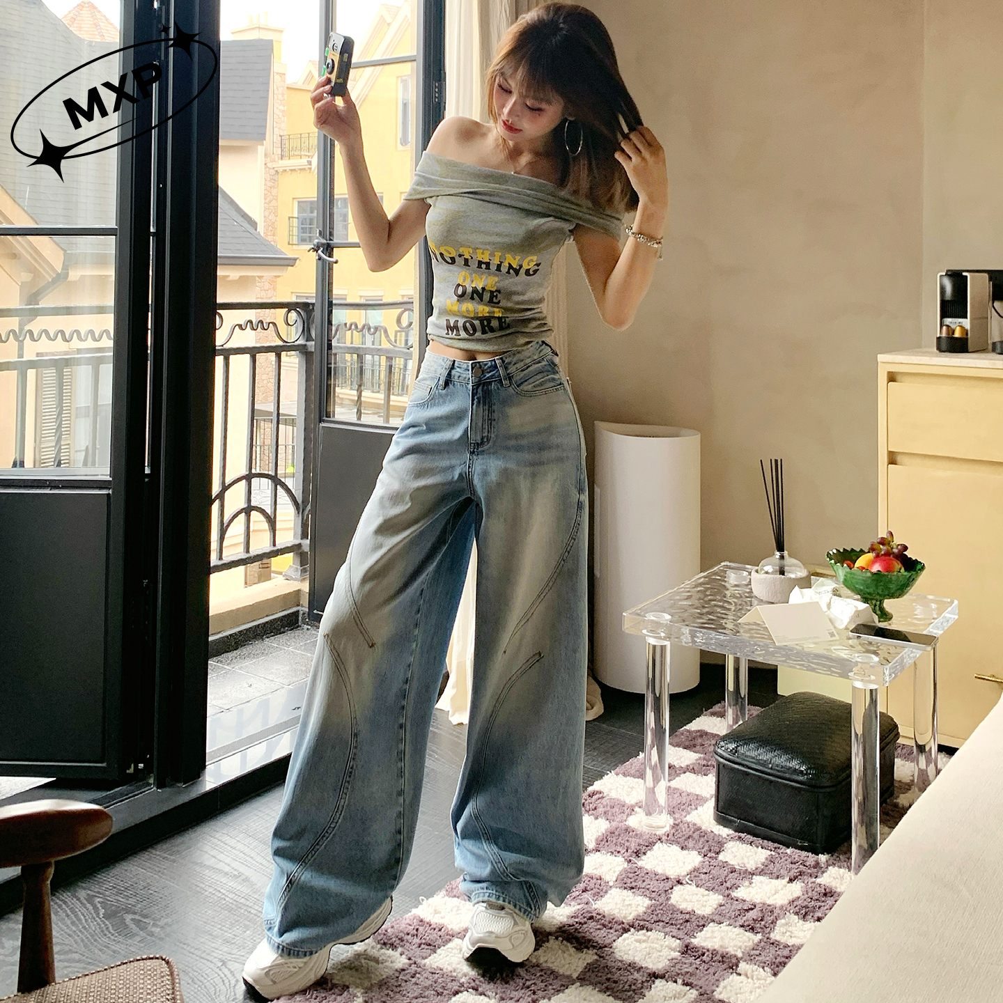 喵小仆MXP2025新款高腰牛仔裤女宽松拖地阔腿裤显瘦分割线神裤秋