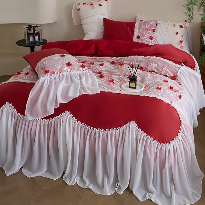 立体花瓣蕾丝花边全棉长绒棉四件套红色结婚O庆被套公主风床单床 - 图0
