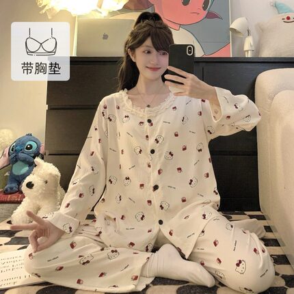 2026春季云朵棉睡衣女士长袖长裤宫廷风蕾丝花边宽松家居服套装y