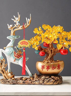 招财鹿摆件发财树客厅酒柜装饰品乔迁新居礼品开业礼物工艺品