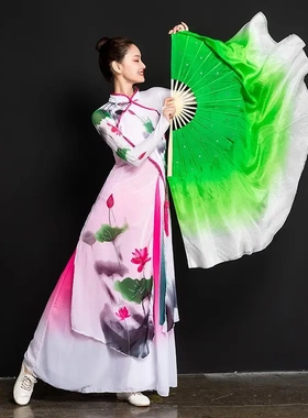 原版映山红白口绿色扇子舞蹈双面女成人加长广场表演秧歌联系扇子