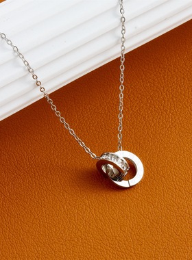 欧美个性罗马锆石双环钛钢项链个性简约气质轻奢小众设计感吊坠