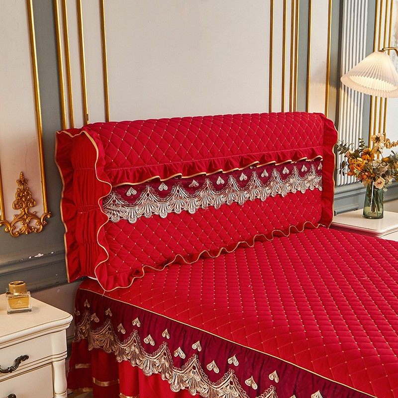 公主风大红色夹棉床裙三件套蕾丝加厚防滑床罩四季床套全包床头罩,淘宝优惠券,粉丝福利购,淘宝优惠卷