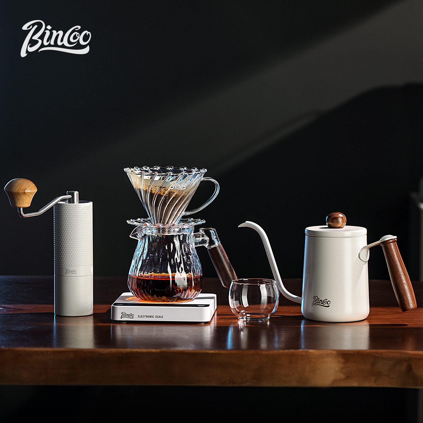 Bincoo树纹木柄手冲咖啡壶套装家用手冲煮磨豆机电子秤滤杯高级感 - 图0