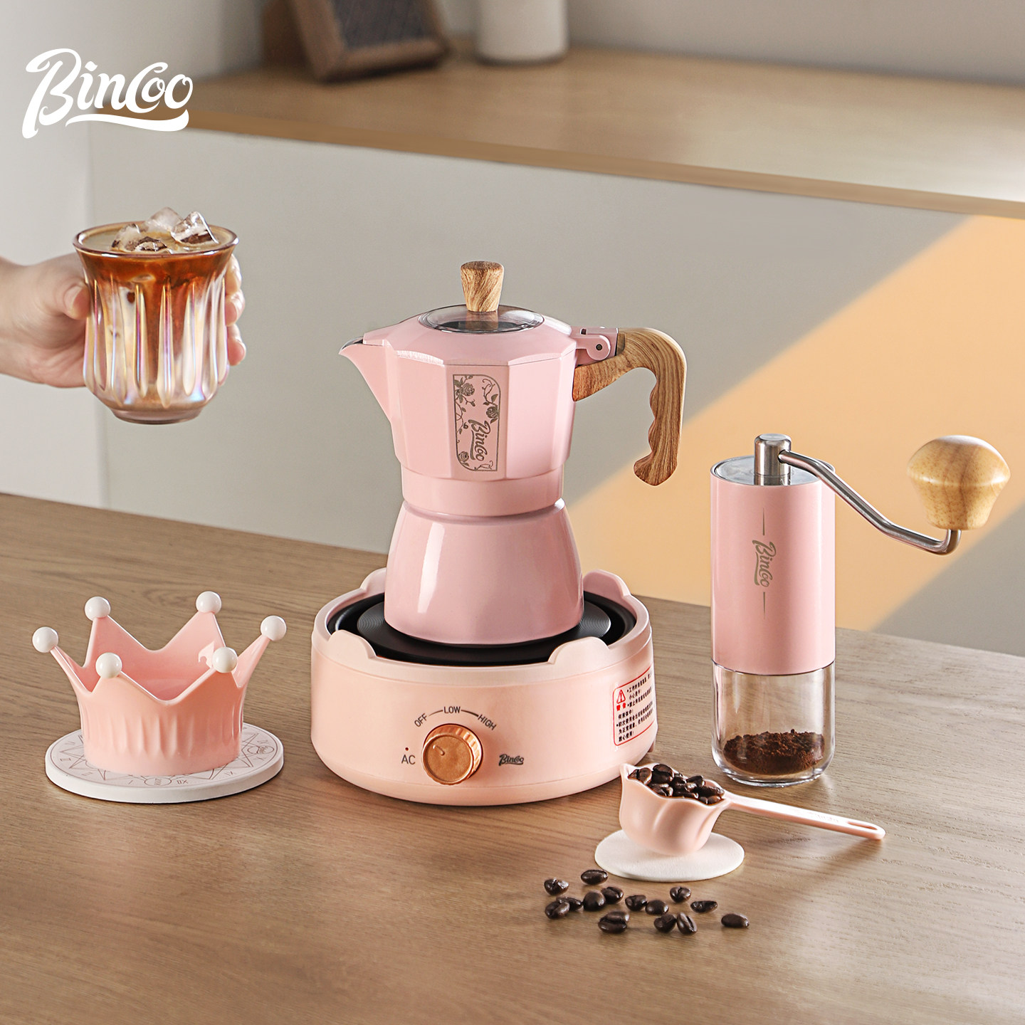 Bincoo粉色双阀摩卡壶套装家用小型煮咖啡壶意式浓缩咖啡户外装备,淘宝优惠券,粉丝福利购,淘宝优惠卷