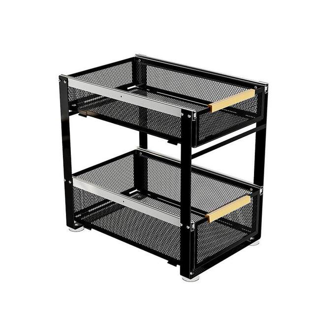 Multifunctional kitchen pull-out dishes storage rack iron mesh double-layer pull-out basket sink countertop drain bowl rack