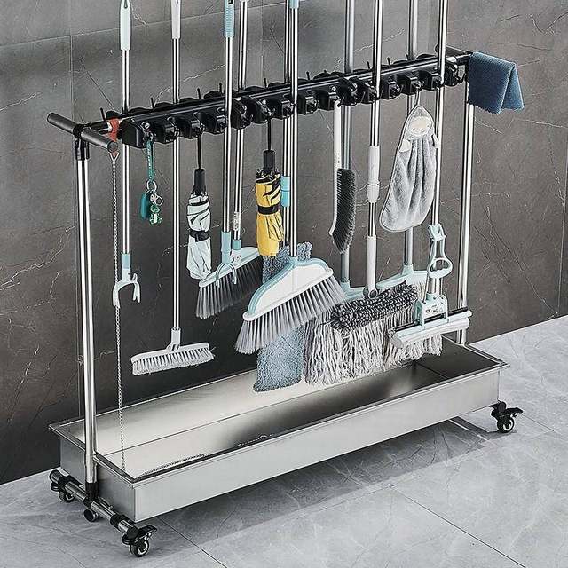 Mop rack stainless steel movable floor-mounted broom rack balcony cleaning tool storage drain rack