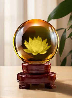 水晶球摆件内雕财神恭喜发财莲花客厅办公装饰工艺品摆台送礼乔迁
